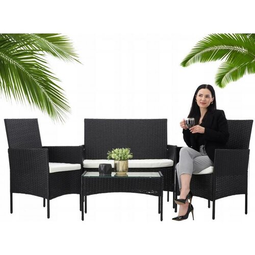 Aldotrade GardenLine Rattan Gartengarnitur, Schwarz + Cremefarbene Sitzkissen
