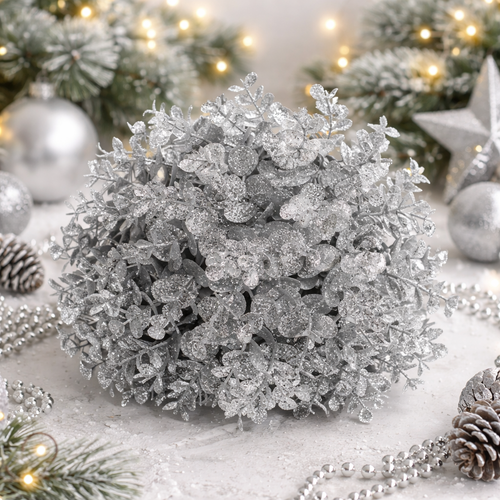 Božična obesna dekoracija Eucalyptus kroglice,srebrna, premer 24 cm