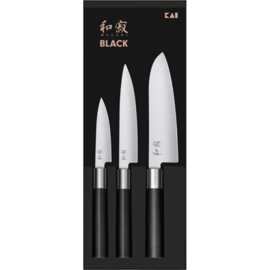 Sada 3 nožov Kai Wasabi Black – malý univerzálnynôž, veľký univerzálny nôž a santoku