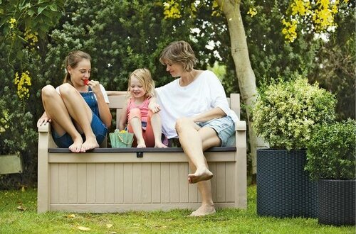Keter Garten Aufbewahrungsbox mit Bank Eden Beige, 265 l, 140 x 60 x 84 cm