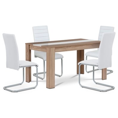 Set masă MDF cu 4 scaune albe, stejar Sonoma