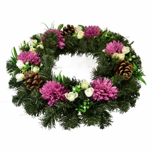 Halóka koszorú lila krizantémokkal díszítve, 35 cm