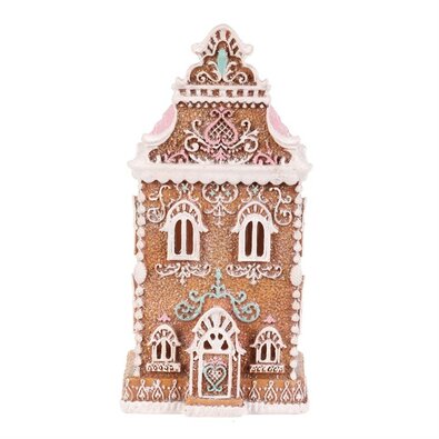 Dekoracja świąteczna Wieżyczka z piernika z różowym dachem, poliresin, LED, brązowy