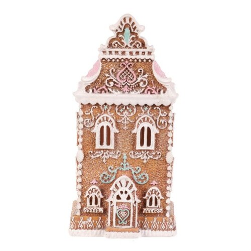 Dekoracja świąteczna Wieżyczka z piernika z różowym dachem, poliresin, LED, brązowy