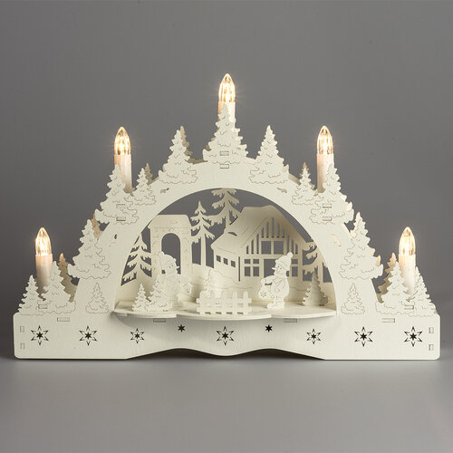 Božični LED svečnik Zimska pokrajina, koča insnežak