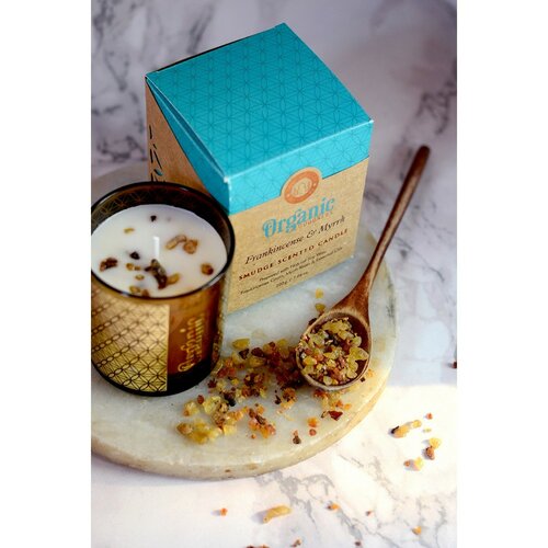 Organikus füstölő gyertya Frankincense &amp; Myrrh200 g üvegben, aranyfóliával