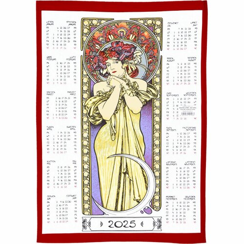 Textilkalender 2025 Alfons Mucha mit Holzstab, 45 x 65 cm