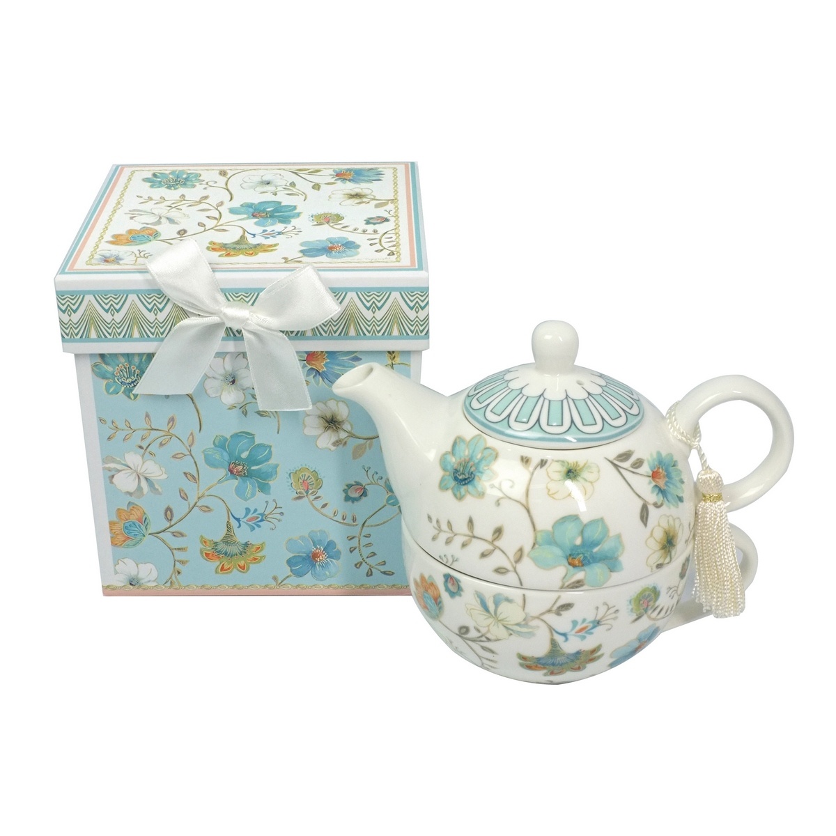 Porcelánová čajová konvička se šálkem Modré květiny v dárkové krabičce