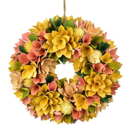 Coroană de Paște din flori de lemn cu ouă, 30 cm,galben