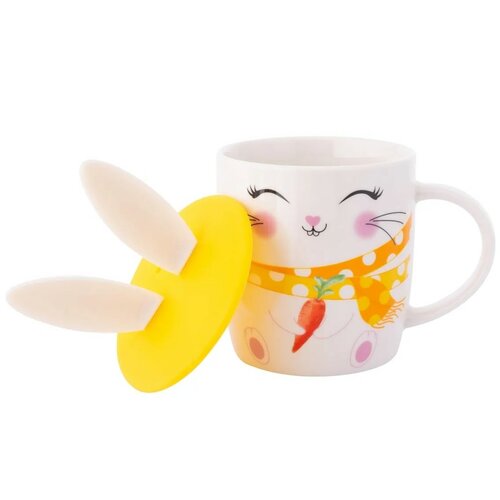 Altom Porcelanska skodelica Vesel zajček ssilikonskim pokrovom, 400 ml