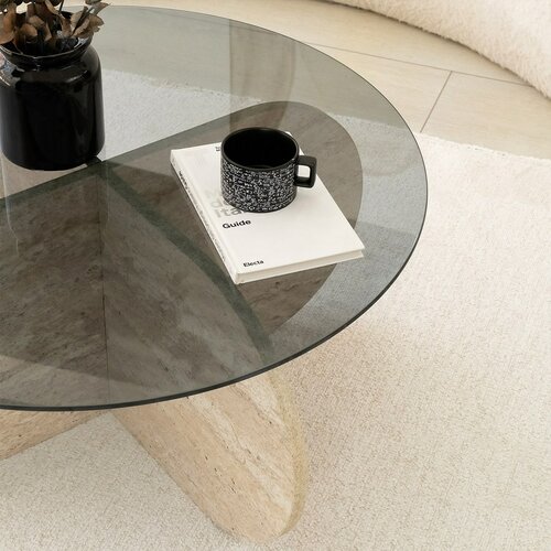 Couchtisch Bubble Travertine mit dunklem Glas