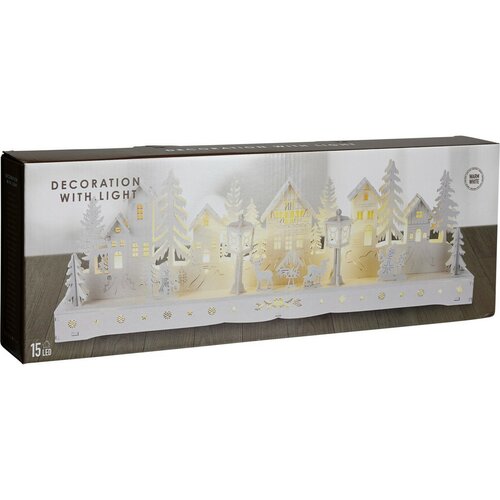 Vánoční svítící vesnička, 15 LED, 45 x 5,8 x 15 cm, bílá, dřevo