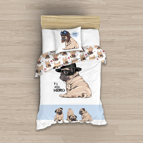 Pościel bawełniana Mops Mały bohater, 140 x 200 cm, 70 x 90 cm