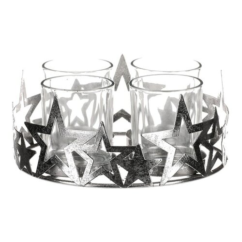 Adventi Csillag gyertyatartó üvegpoharakkal, fém, ezüst