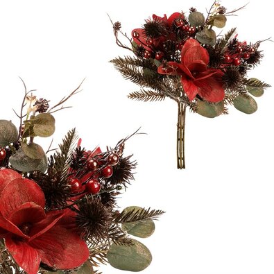 Műfenyőtobozból és bogyós gyümölcsökből készült karácsonyi csokor, 40 cm, piros