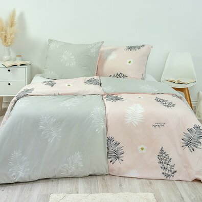 Stanex Бавовняна постільна білизна Папороть рожево-сіра, 140 x 220 см, 70 x 90 см
