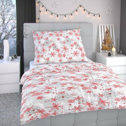Kvalitex Hópelyhek karácsonyi flanel ágyneműhuzat piros-szürke, 140 x 200 cm, 70 x 90 cm