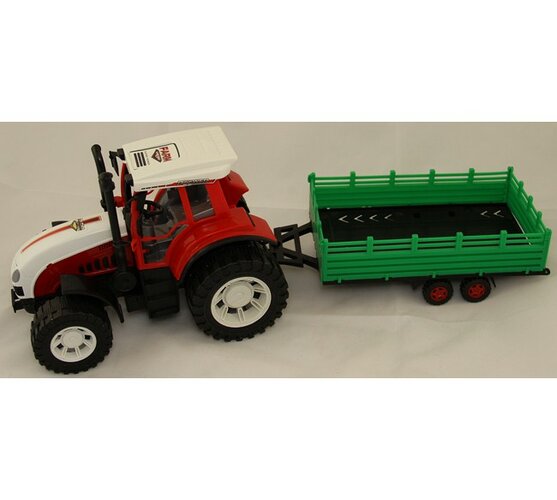 Traktor s přívěsem, velký, bílá + červená