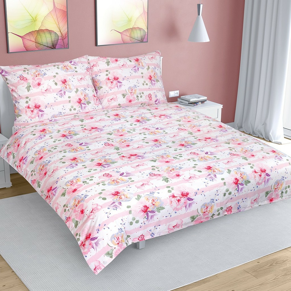 Poza Lenjerie de pat din bumbac Floare cu dungi, roz, 200 x 200 cm, 2 buc. 70 x 90 cm