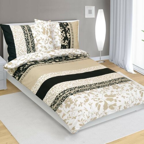Bellatex Baumwollbettwäsche Blätter Beige-Schwarz, 140 x 200 cm, 70 x 90 cm