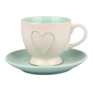 Ceramiczna filiżanka z podstawką Serce, turkusowy