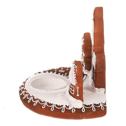 Gingerbread candle holder with church - polyresin,brown and white