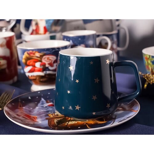 Altom Porzellantasse Golden stars, 370 ml, navy blue