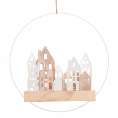 Závěsná LED dekorace Domečky v kruhu bílá, pr. 28cm