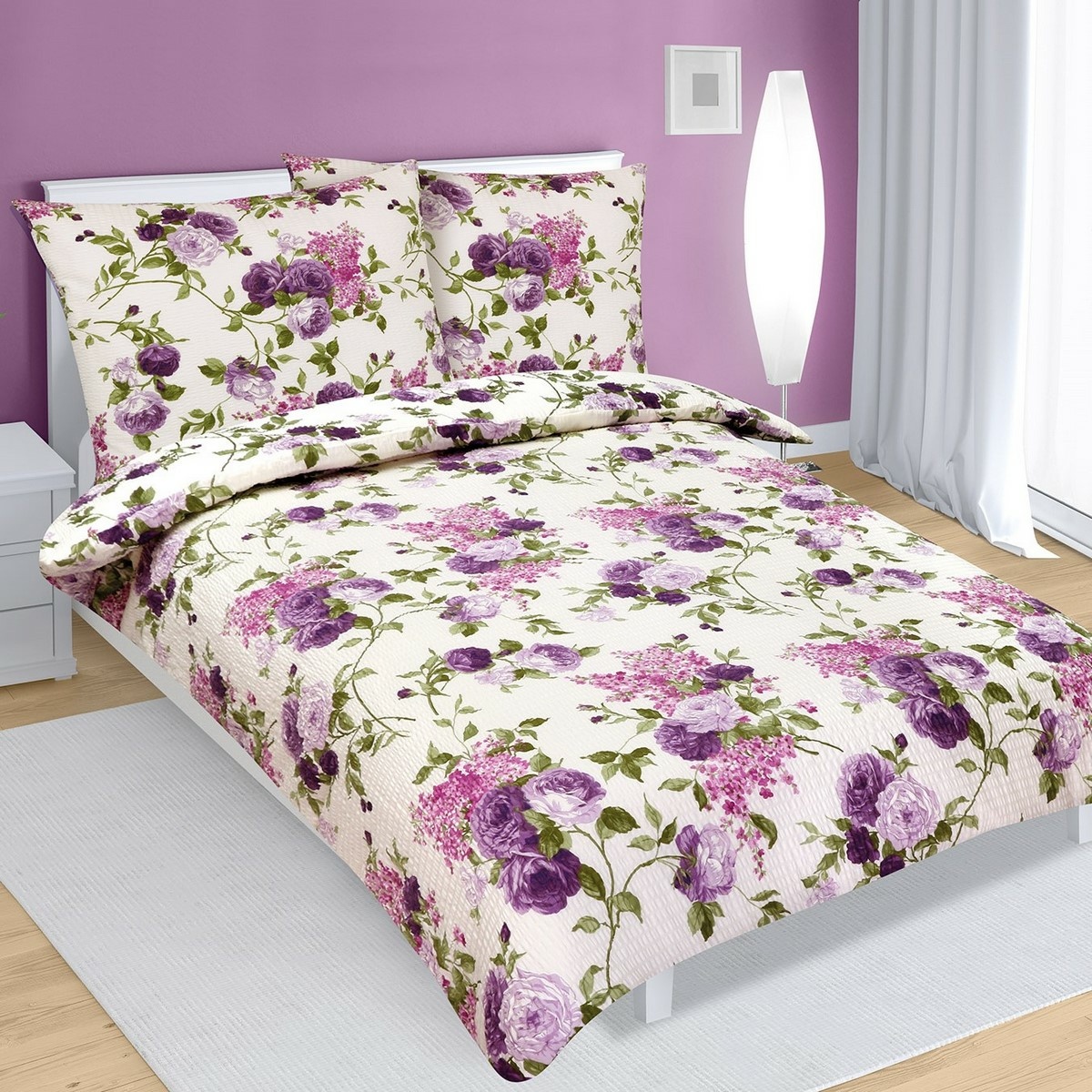 Lenjerie de pat creponată Trandafiri mov, 140 x 220 cm, 70 x 90 cm Bellatex