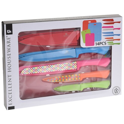 Set 5 buc cuţite cu huse şi 4 blaturi tăiere, mix de culori