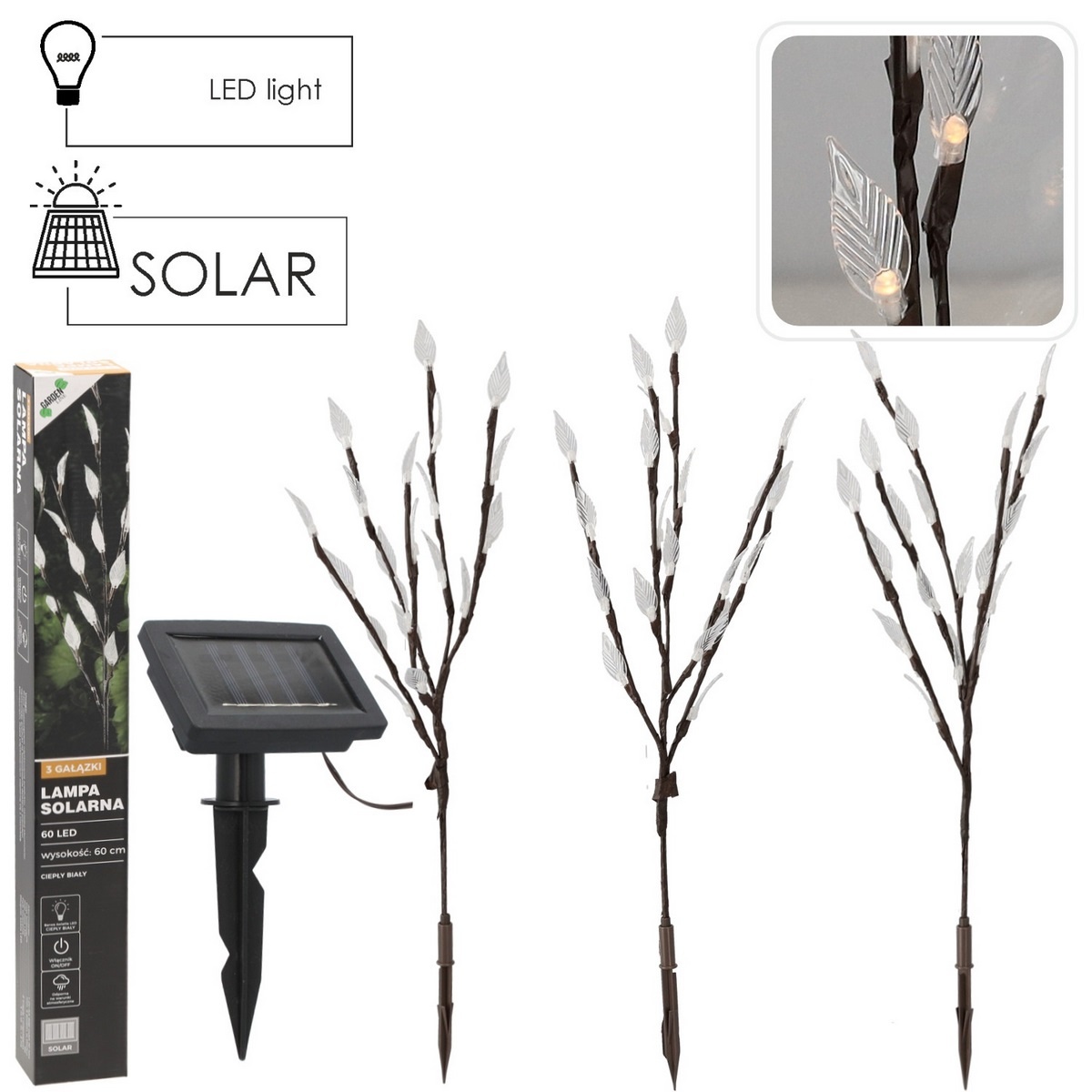 Solárna lampa s 3 ramenami, 60 LED, teplá biela,60 cm