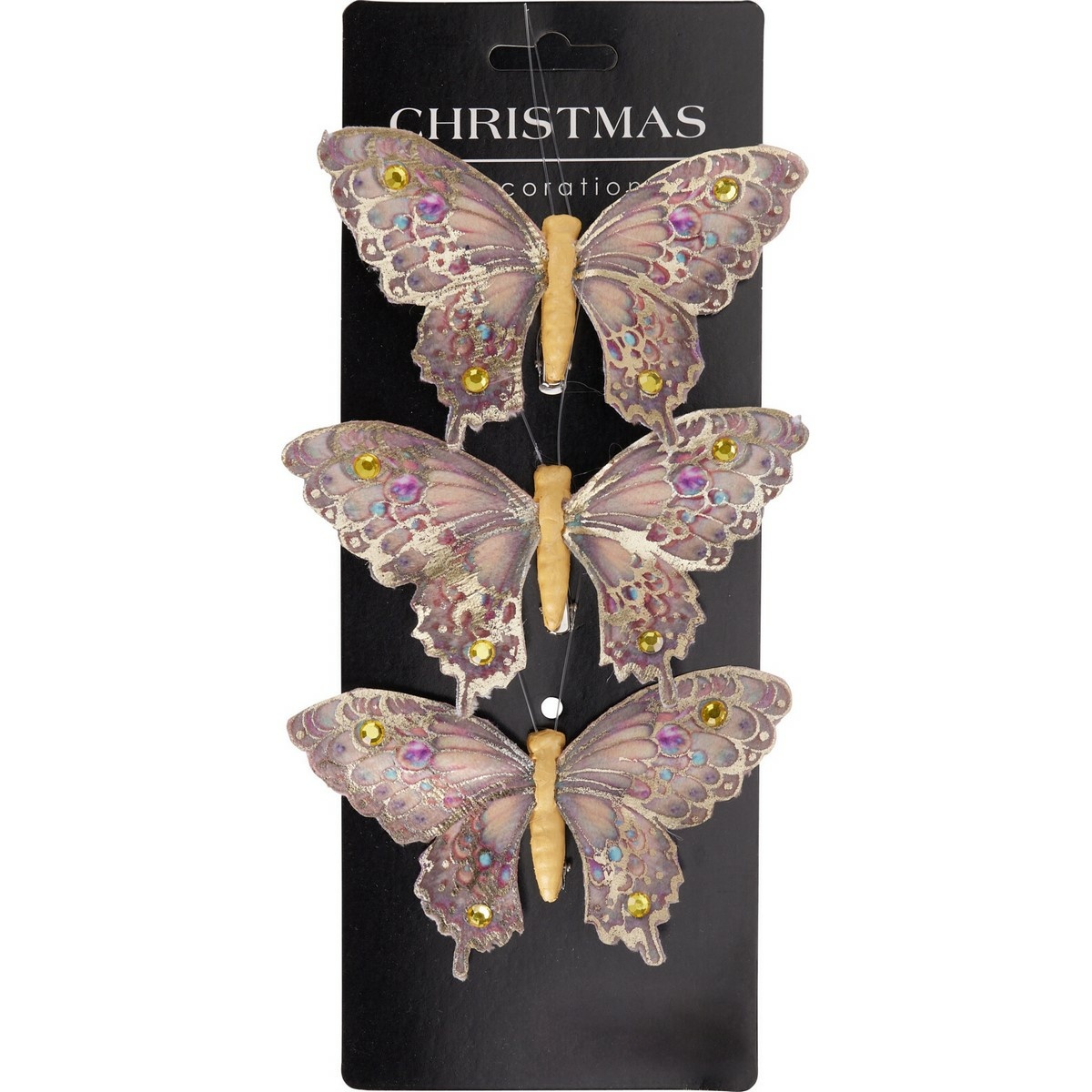 Set vianočných ozdôb Motýle, zlatá, 12x8x2 cm, s klipom, SET 3 KS