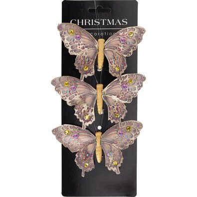 Набір різдвяних прикрас Метелики, золотий, 12x8x2см, з кліпсою, НАБІР 3 ШТ.