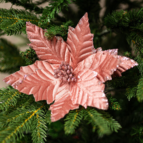 Karácsonyi rózsa művirág 22 cm, bársony, rózsaszín