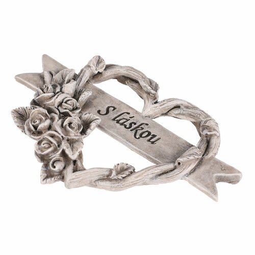 Pietní dekorace Srdce s růžemi a stuhou, polyresin, 9 x 9 x 2 cm