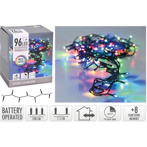Łańcuch świąteczny zewnętrzny LED kolorowy, 96x LED, 7 m, 3x baterie AA, wyłącznik czasowy