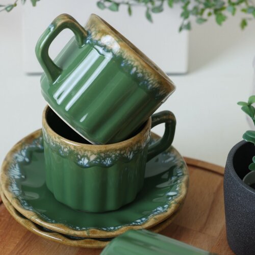 Set of 6 ceramic cups with saucers Elementa 185ml, green