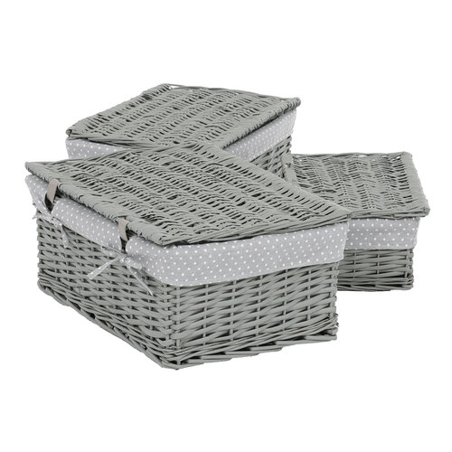 Set aus Weidenkörben mit Deckel Grey Dot, 3 Stück, 3 Größen, 49 x 22 x 35 cm