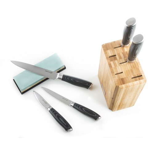 Set de cuțite G21 Gourmet Damascus în bloc debambus 5 bucăți + piatră de ascuțit