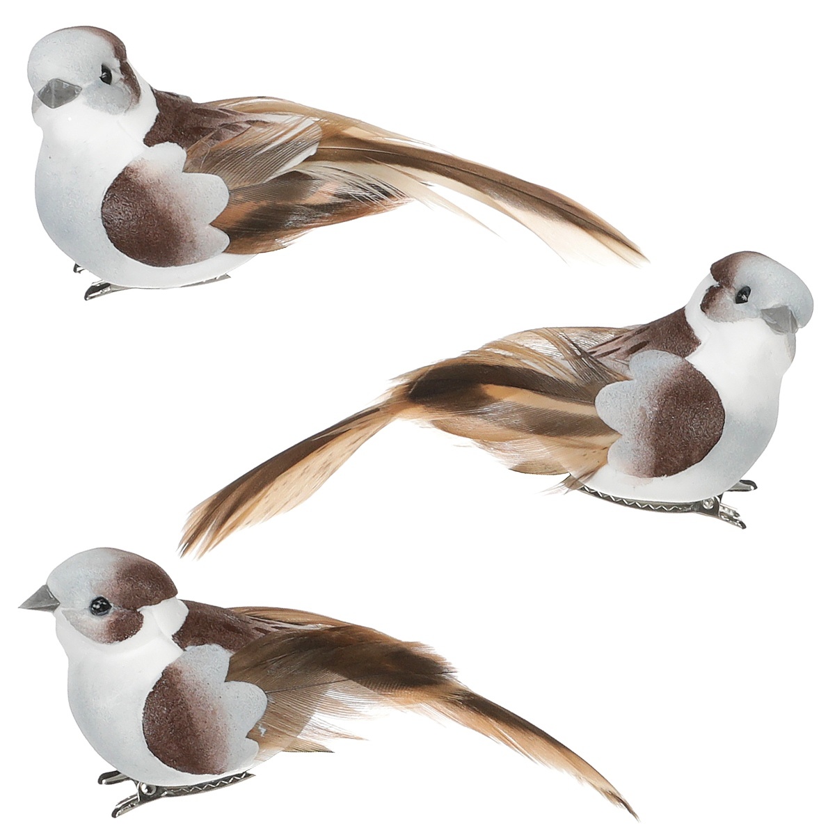 Ptáček s klipem bílo-hnědá, 3 ks