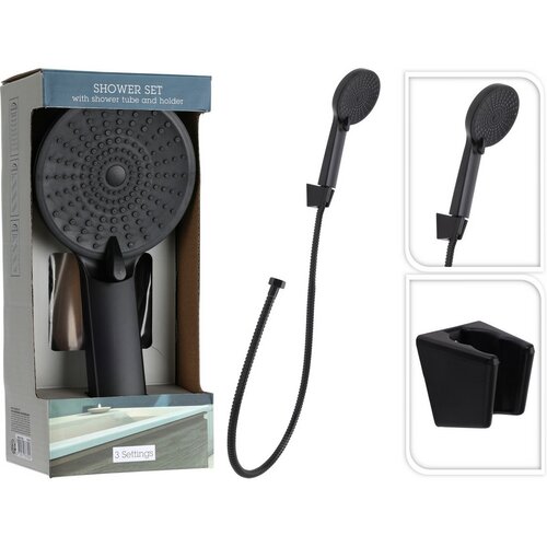 Tuš komplet Elegant črna, prha pr. 11 cm, 3 funkcije, cev in držalo, ABS