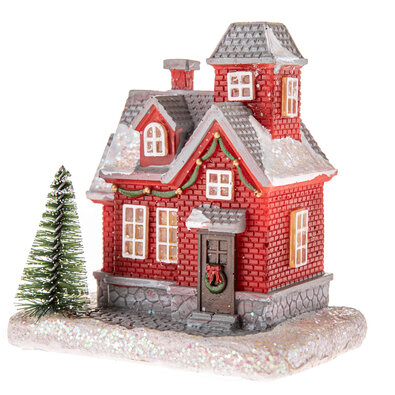 Vianočná dekorácia Červený domček s LED svetlom, 8 x 11,5 cm
