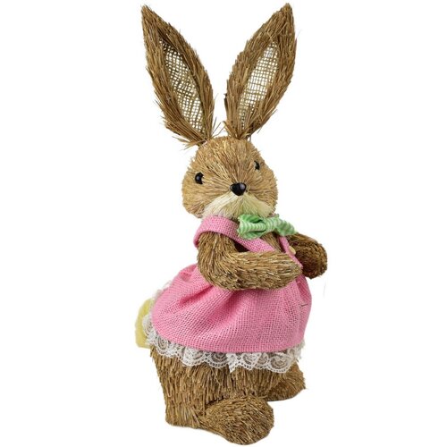 Velikonočni slamnati zajček v roza obleki, naraven, 39 cm