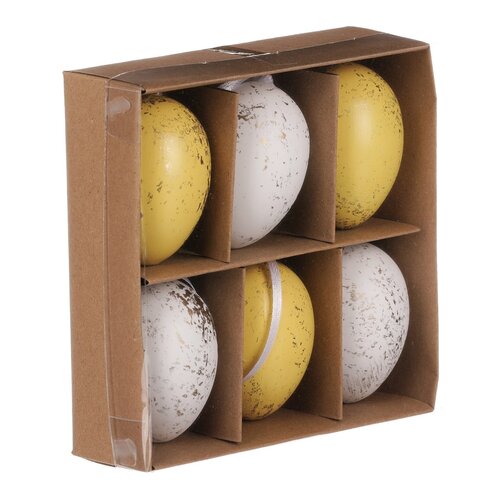 Set de ouă artificiale de Paște decorate auriu, galben și alb, 6 buc