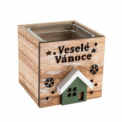 Dřevěný svícen se sklem Veselé Vánoce, 9 x 8, 5 cm, přírodní