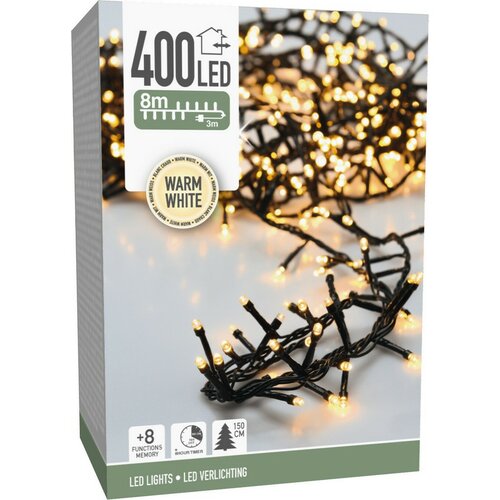 Vianočná svetelná reťaz Twinkle, 400 mini LED, 8 m, teplá biela, časovač, IP44