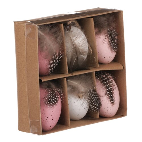 Set of artificial Easter eggs with feathers, pinkand white, 6 pcs