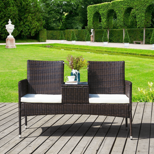 Gartenbank mit Tisch und Kissen, braun/cremefarben, LALIT