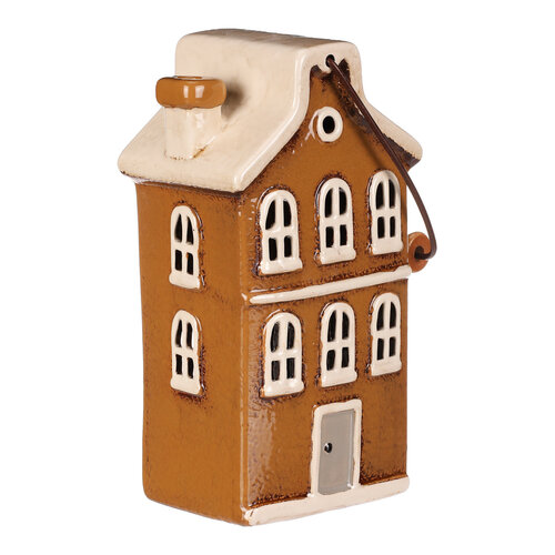 Suport de lumânare Casa cu mâner, maro, ceramică, 13 x 10 x 37 cm