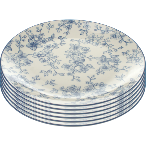 Set mit 6 flachen Tellern Zarte Blüten 26 cm, blau